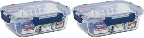 Décor Deluxe Clips Glass Food Storage Container with Split Compartments, BPA-Free Airtight & Leakproof Lid Storage Container, Dishwasher, Freezer & Microwave Safe, Odour Resistant Glass Jar, 980ml