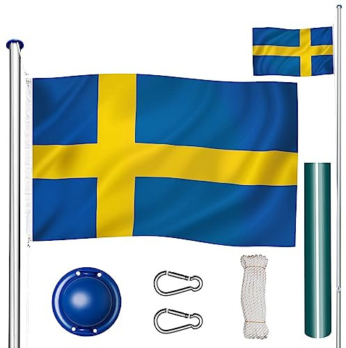 tectake® Asta Alluminio 625 cm con Bandiera, Corda e Piantone, Set, Regolabile in Altezza, Asta Allungabile, Asta Bandiera Esterno, Asta per Bandiera da Giardino - Svezia