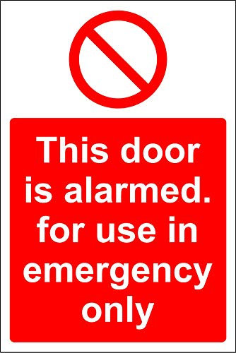 This door is alarmed for use in emergency only safety sign - Self adhesive sticker 150mm x 100mm