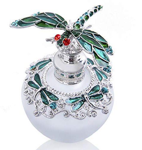YU FENG Dragonfly Decorative Glass Perfume Bottle Jeweled Enameled Fancy Crystal Perfume Holder Container Scent Bottles Empty Refillable(Green,40ml)