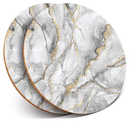 2 x Round Coasters - Grey White Gold Marble Effect Pattern - Cork Backed Home Kitchen Accessory Tea Coffee Mug Mat #24432