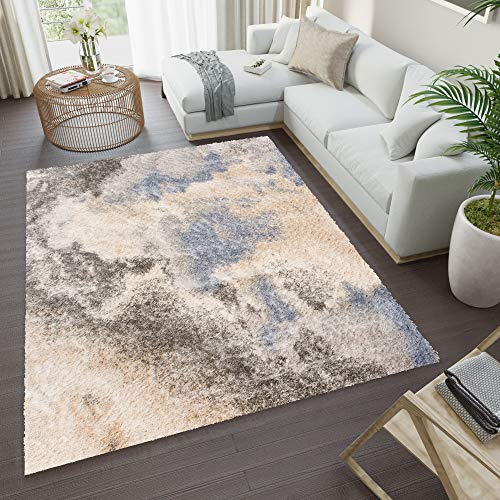 TAPISO Versay Teppich Shaggy Hochflor Langflor Creme Dunkelgrau Blau Modern Splash Meliert Design Wohnzimmer Schlafzimmer ÖKOTEX 140 x 200 cm