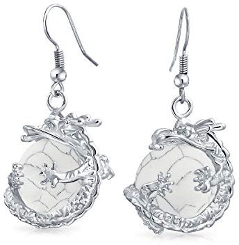 Boucles D'Oreilles Pendantes En Forme De Boule Ronde En Pierre Précieuse Howlite Blanche Grise Tendance Mode Avec Dragon Asiatique Chinois Pour Femmes Adolescentes