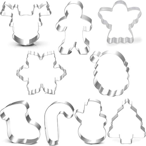 Weihnachten Ausstechformen Set-9 Stück-Lebkuchenmänner, Schneeflocke, Rentier, Engel, Weihnachtsbaum, Schneemann, Weihnachtsmann Gesicht und mehr Ausstechformen mit 100-Pack Süßigkeiten Kekstüten