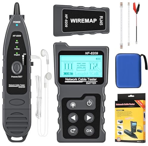 KOLSOL - Tester per cavi con PoE Multifunzione, mappatura cavi, test di cavi di rete, NF-8209 con cavo LAN LCD senza contatto, PoE per Cat5 Cat6 strumento trovacavi per linee sotterranee, telefono