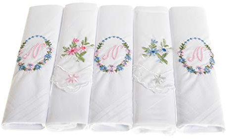 Damen-Taschentücher mit Initialen, bestickt, mit Satin-Bordüre und passenden floralen Handtaschen, verschiedene Buchstaben, 5 Stück Gr. 5 Packung, Buchstabe N