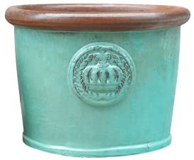 Pflanzgefäß Blumentopf Übertopf Krone Steinzeug glasiert Weiß Grau 34cm 45cm absolut Frostfest und witterungsbeständig (Türkis, 34cm x 26cm)