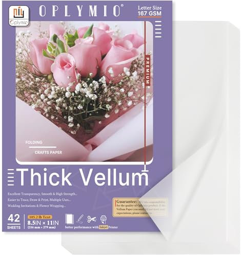 Oplymio Dickes, durchscheinendes Pergamentpapier, 42 Blatt, 167 g/m², bedruckbares Transparentpapier für Einladungen, Umschläge, Wärmeprägung, Bauchbänder (21,6 x 27,9 cm)