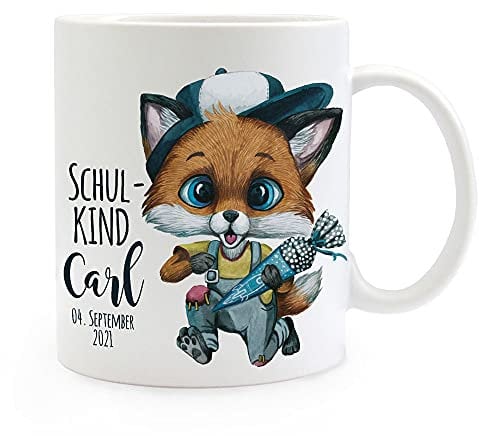 ilka parey wandtattoo-welt Tasse Becher zum Schulanfang Schulstart Fuchs Schultüte Junge Schulkind mit Wunschname + Jahr der Einschulung ts2019