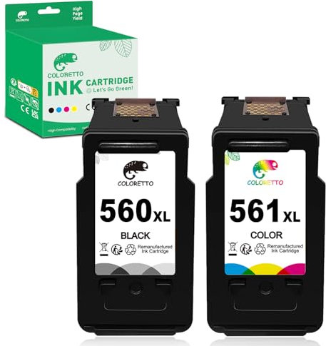 COLORETTO 560XL 561XL Druckerpatronen für Canon 560 XL 561 XL mit TS5350 TS7450 TS5351 TS5352 TS5353 TS7451(1 Schwarz 1 Farbe) Wiederaufbereitete Patronen für Canon PG-560XL CL-561XL