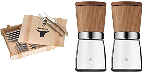 WMF Ranch Steakbesteck 12-teilig, für 6 Personen, Steakgabel, Steakmesser, Spezialklingenstahl geschmiedet, Cromargan Edelstahl mattiert & Ceramill Nature Salz und Pfeffer Mühle Set 2-teilig