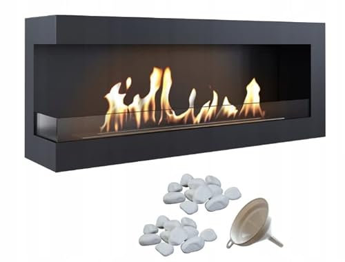 KRATKI Delta 1200 Bio Ethanol Eckkamin links + Trichter + Kieselsteine | Wandmontage oder Einbaumontage l Biocontainer 1,4 l, TÜV-geprüft | Stahl, 48 x 120 cm, Schwarz
