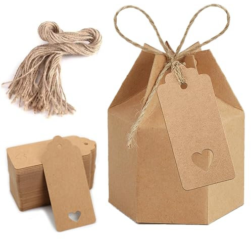 Csirnto Kraftpapier Geschenkbox 50 Stück Kraftpapier Box Geschenkboxen Geschenkschachtel Kleine Geschenkbox mit Tags und Juteschnur für Hochzeitsfest Taufe Party Süßigkeiten Geschenk Verpackung