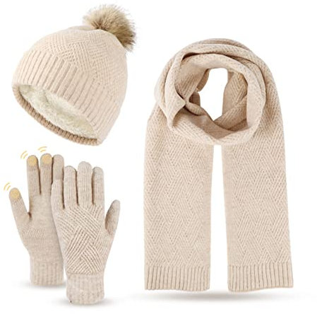 Damen Winter Warm Mütze mit Bommel Touchscreen Handschuhe und Lang Schal Set mit Dick Fleece Gefütterte, Winterhandschuhe Weihnachten Geschenk für Frauen