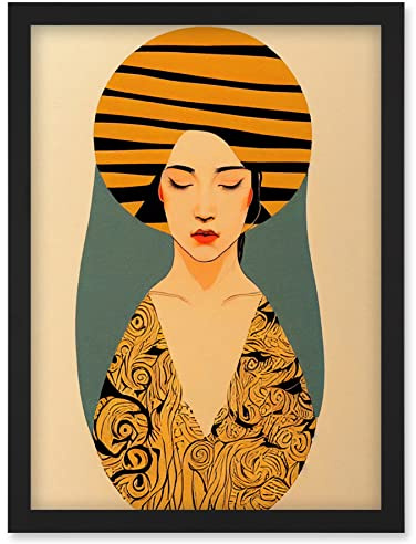 Wee Blue Coo Retro Woman Mid Century Bohemian Yellow Art Nouveau Artwork Framed Wall Art Print A4