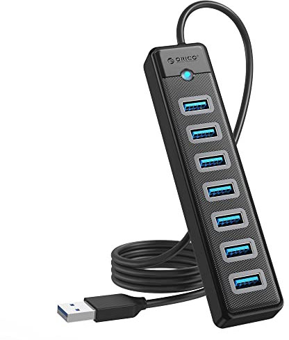 ORICO Hub USB 3.0, 7 Puertos USB Hub con Alargador USB 100cm y Puerto de alimentación 5V/3A, 5Gbps Hub USB Multiples para Laptop, MacBook Pro/Mini, Surface Pro, PS 4, HDD móvil