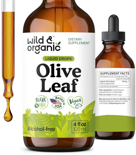 Wild & Organic Olive Leaf Extract Liquid Drops - Immune & Antioxidant Support - Oleuropein Supplement - Add to Tea Olive Leaf Tincture - Vegan, Sugar & Alcohol Free - 4 fl oz