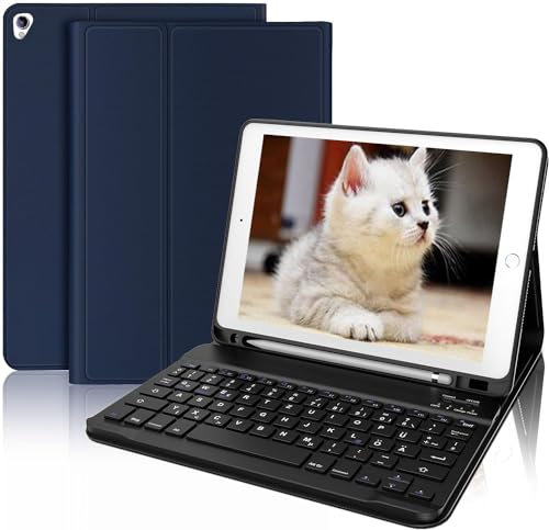 AVNICUD Tastatur für iPad 10.2 Zoll 9/8/7 Generation - 2021/2020/2019, Hülle mit Tastatur für iPad Air 3, Pro 10.5 Magnetisch Abnehmbarer Bluetooth QWERTZ Layout, Blau