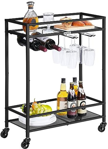 MAHANCRIS Servierwagen, Glasablagen, 2 Ebenen Rollwagen mit Weinregal, Rollen, Küchenwagen, Barwagen, Weinwagen, 63 x 28 x 82 cm, für kleine Räume, Küche, Esszimmer, Bar, Schwarz ARCH63B01