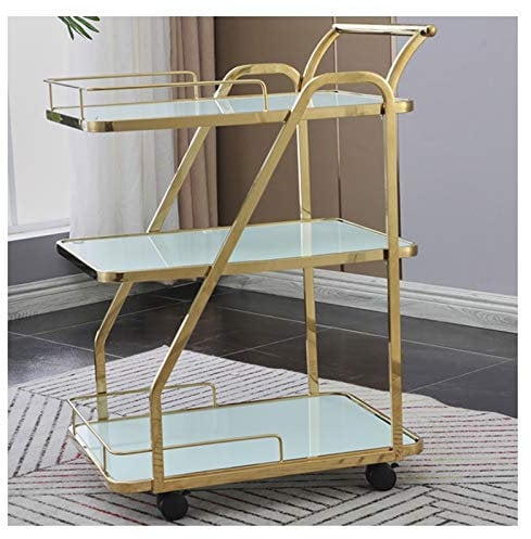 TEmkin Barwagen, rollender 2-stöckiger Servierwagen mit Rädern, Glas und Metall, Barwagen, sehr geeignet für Zuhause, Wohnzimmer, Küche, Bar-Servierwagen (schwarzes Glas) (weißes Glas)