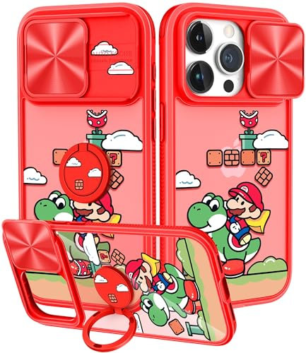 Jowhep 2-in-1-Schutzhülle für iPhone 15 Pro, niedlich, für Jungen, Kinder, Mädchen, Frauen, Teenager, lustiges, einzigartiges Kawaii-Muster, mit Schiebe-Kamera-Abdeckung und Ringhalter für iPhone