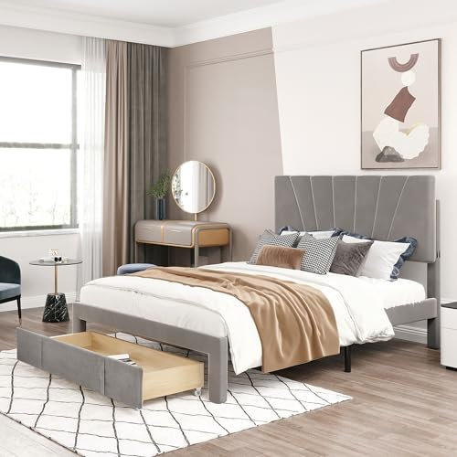 Kehun Polsterbett 140 x 200 cm mit Kopfteil, Doppelbett mit Stauraum Schubladen, Bett mit Lattenrost und Metallrahmen, Betten mit Bettkasten, Samt, Grau, ohne Matratze
