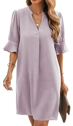 Famulily Robe chemise à manches mi-longues et col en V pour femme, élégante, décontractée, couleur unie, taille S à XXL, violet, L