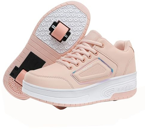Mateju Schuhe mit Rollen für Jungen Mädchen, Kinder Rollschuhe Schuhe mit Rollen, Mode Outdoor Turnschuhe Versenkbarer, 2-in-1 Roller Schuhe Turnschuhe Skateboardschuhe 34 EU Rosa