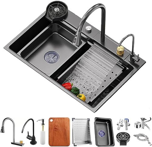 Évier autonome en acier inoxydable 304 - Nano cascade de pluie volante - Évier de cuisine pour restaurant - Lavabo de cuisine - Lavabo simple avec affichage numérique LED - Rondelle de tasse