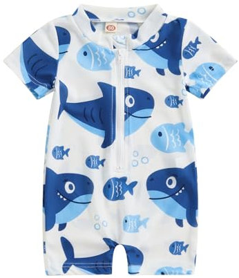 Carolilly Nouveau-né Bébé Garçon Maillot de Bain Anti-UV Combinaison de Bain Manches Courtes Maillot Une Pièce Piscine Natation Protection Solaire Fermeture Eclair (Blanc, 18-24 Mois)