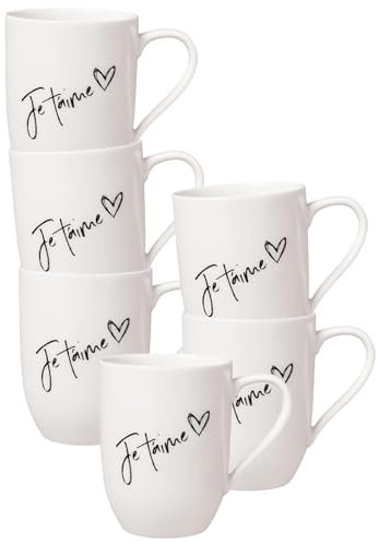 Villeroy & Boch - Statement, Becher mit Henkel 6er Set, Je t'aime, 280 ml, Kaffeebecher mit Sprüchen, Premium Porzellan, Weiß-Schwarz