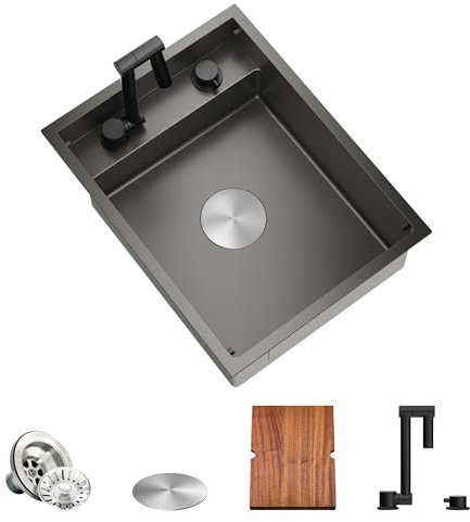 TORVA Black Workstation Undermount Sink for Bar RV Kitchen with Built-in Foldable Faucet – 16 Gauge Stainless Steel,40.7 x 53.4 x 17.8cm