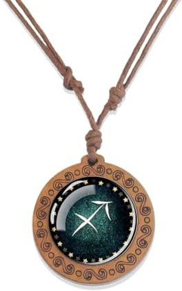 JEDTAKCT Schütze 12 Sternzeichen Sternbild Halsketten - Glaskuppel Vintage Holz Anhänger Seilketten Horoskop Astrologie Halskette Für Frauen Männer Schmuck Geburtstagsgeschenk, Schütze, 44 + 39 Cm