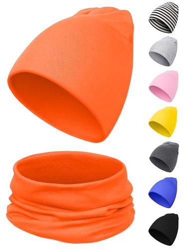 Kiiwah Kinder Beanie Mütze und Loop Schal Set, Weiche Baumwolle Warme Strickmützen und Schals für Baby Herbst Winter Frühling(Orange)