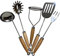 Lot de 5 ustensiles de qualité supérieure - Inox et bois naturel, fabriqué en UE, louche à soupe, cuillère à spaghetti, écumoire, grande fourchette, spatule, cuisine, cadeau