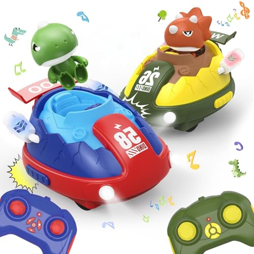 PRANITE Ferngesteuertes Auto für Zwei Gegeneinander, 2 Stück RC Dinosaurier Autoscooter mit Licht & Musik, Auswerfbare Bumper Cars, Geschenke für Kinder Jungen Mädchen