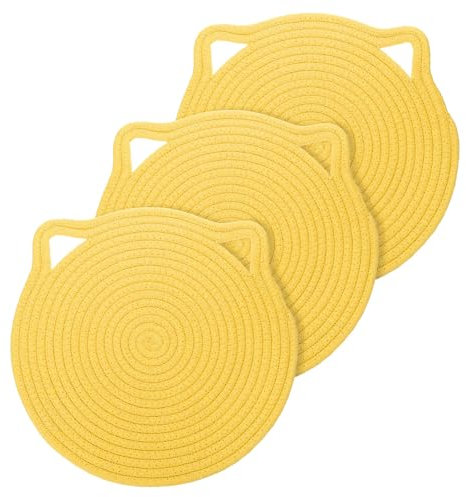 uxcell Set di 3 presine da 30,5 cm, in cotone, con orecchie di gatto, termoisolanti, per tazze, piatti, pentole calde e padelle, giallo