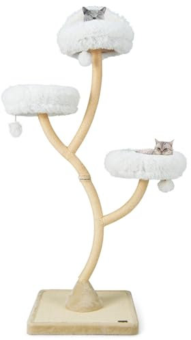 COSTWAY 178cm Kratzbaum Holz, Katzenbaum mit 3 warmen Liegeflächen & Plüschbällen & Sisalstämmen, Kletterbaum Katzenkratzbaum groß, Katzenturm mit Metallgestell, Katzenmöbel Katzen (Beige)