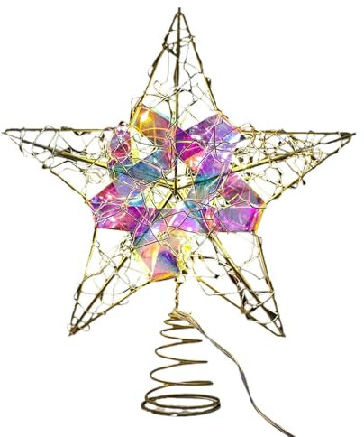 Estrella de árbol de Navidad, decoración de árbol de Navidad con luces, estrella decorativa de metal con luz, decoraciones navideñas para decoraciones de fiesta de árbol de Navidad