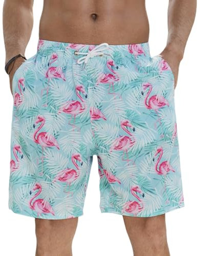 Enlision Shorts de Bain Homme Séchage Rapide Hawaïen Short de Plage Bermuda Été Léger Décontracté Bleu Clair Flamant Imprimé Maillot Piscine Surf Natation Vacances avec Doublure en Filet XL