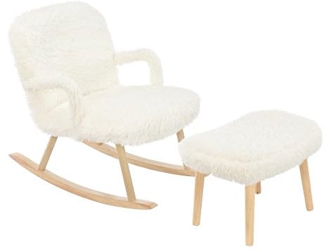 DIYHOM Schaukelstuhl mit Hocker, Wollenoptik Relaxsessel mit Armlehnen, Fußstütze, Ohrensessel für Schlafzimmer Wohnzimmer, Schaukelsessel bis 130 kg belastbarkeit, Beige