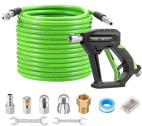Tool Daily Sewer Jetter Kit for Pressure Washer 50 FT, Short Power Washer Gun, Drain Cleaner Hose 1/4 Inch NPT, Corner, Rotating and Button Nose Sewer Jet Nozzle, 3600 PSI