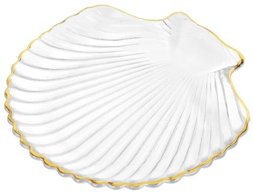Linkidea Clear Glass Soap Dish Tray with Gold Trim, Elegant Sea Shell Design for Bathroom Decor, Cleanser Holder for Vanity, Countertop, Sink