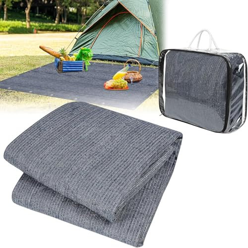 FIVMEN Vorzeltteppich 200x200cm Camping Teppich Outdoor rutschfest Waschbare Markisenteppich Zeltteppich Vorzeltboden Zeltunterlage mit Löchern Heringe und Tragetasche, Grau Blau