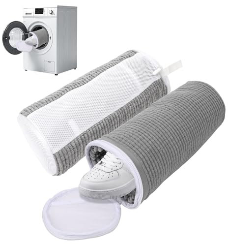 QOEOTUY 2 Stück Schuhwaschbeutel Waschmaschine - Schuhbeutel Waschmaschine 360° Reinigung - Wiederverwendbarer Reißverschluss Wäschesack, Alle Schuharten und Größen (Grau)