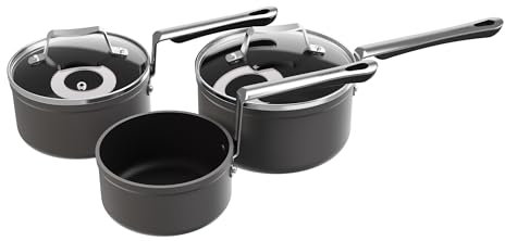 Commichef 3-teiliges Kochgeschirrset aus eloxiertem Aluminium mit Antihaftbeschichtung, inklusive 14 cm Milchkännchen, 16 cm Topf mit Deckel und 18 cm Topf mit Deckel, stapelbar