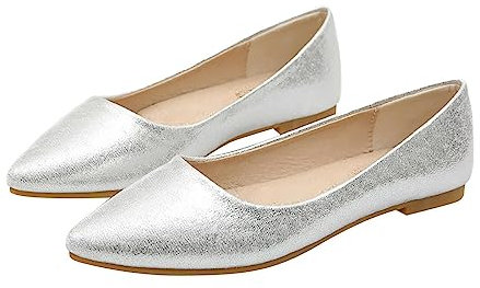 Ballerinas Women's Flat Loafer Ballerina Shoes Mary Jane Low Shoes Elegant Women's Shoes Dress Shoes Party Wedding Shoes Bridal Shoes Lace Shoes Slip On Shoes Pumps Casual Shoes, silver, 7 UK