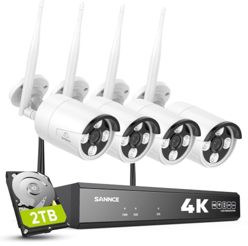 SANNCE 4K WLAN Überwachungskamera Set Aussen, 4 Kameras NVR 16 CH 2TB HDD | WiFi 6 (2,4 GHz & 5,8 GHz), Farb-Nachtsicht, 2-Wege-Audio, Personenerkennung, IP66, 8MP, In-/Outdoor, 70° Blickwinkel, Hause