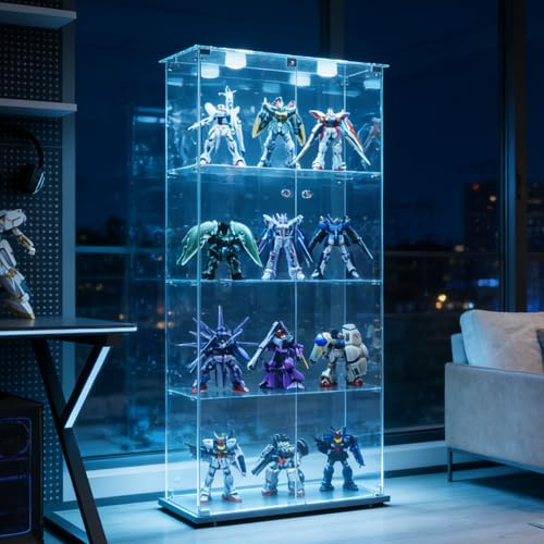 EZSSW Vitrine aus Glas, Vitrine mit LED, moderne Vitrine für Wohnzimmer mit 4 Regalen, 2 Türen und Schloss, Ausstellungsvitrine für Sammler (Weiß, 2 Türen + 4 Regale + LED)