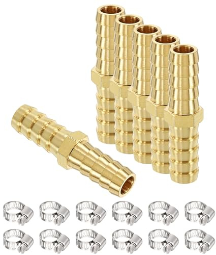 sourcing map 6pcs 10mm to 10mm Brass Hose Barb Fitting Metal Splicer | with 12pcs Stainless Steel Hose Clamps Mender for 3D Printing, Air Compressor, CNC Machine, Dies